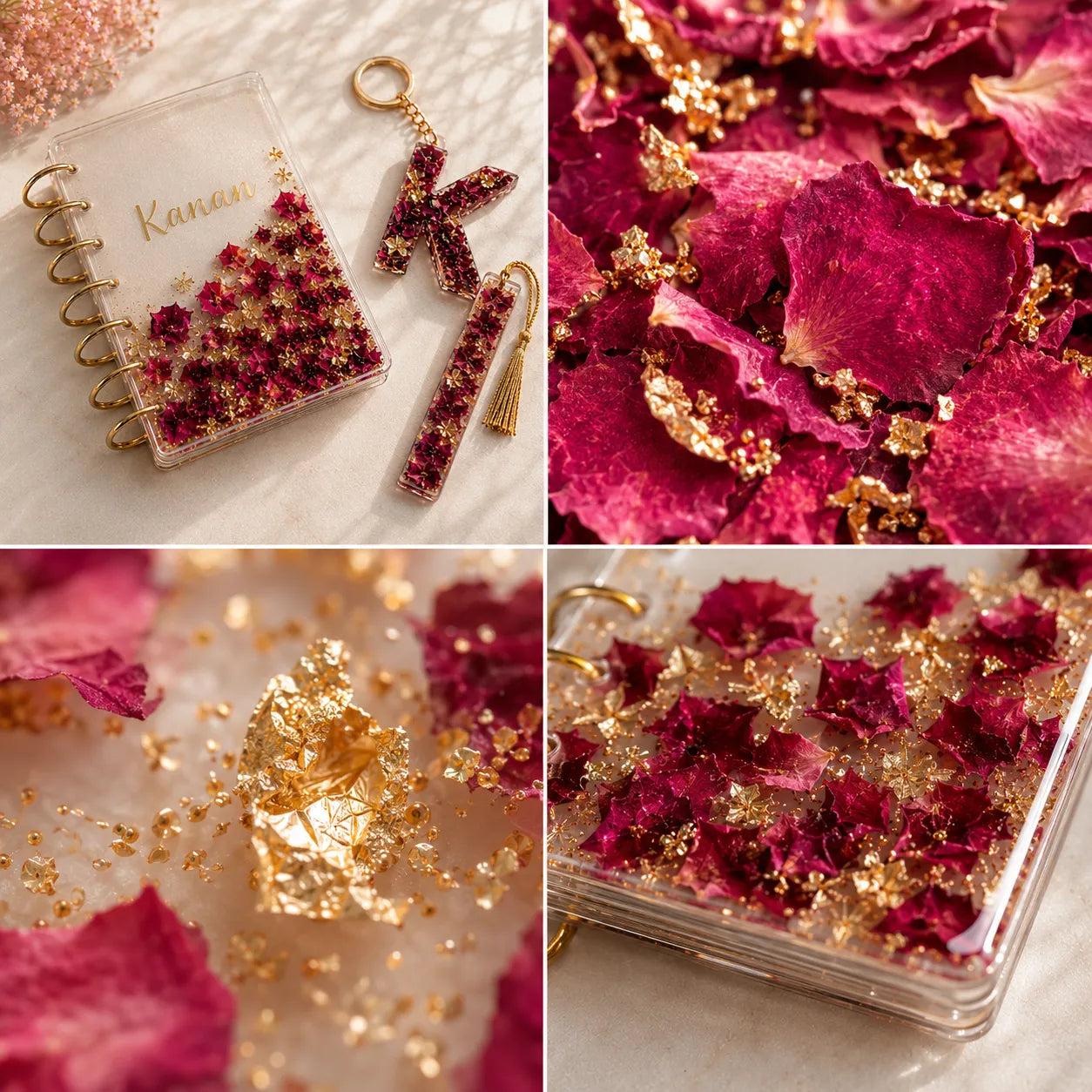 Collage of decorative keychains with pink and gold elements on a marble surface.