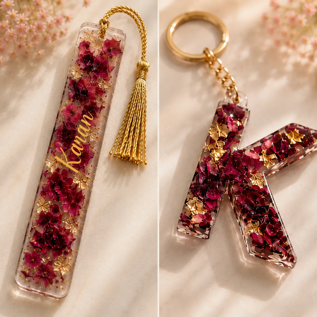 Floral keychain with 'Karan' engraving and tassel on a light background