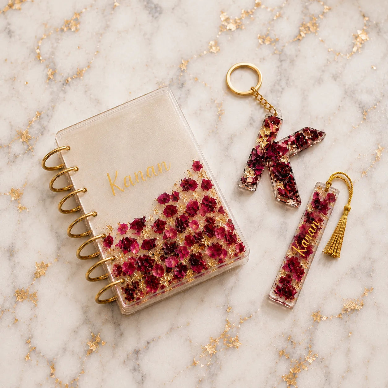 Personalized floral resin notebook set with matching keychain & bookmark.