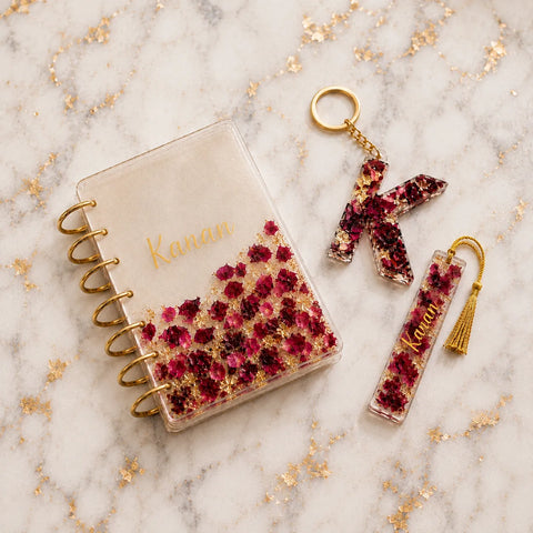 Personalized floral resin notebook set with matching keychain & bookmark.