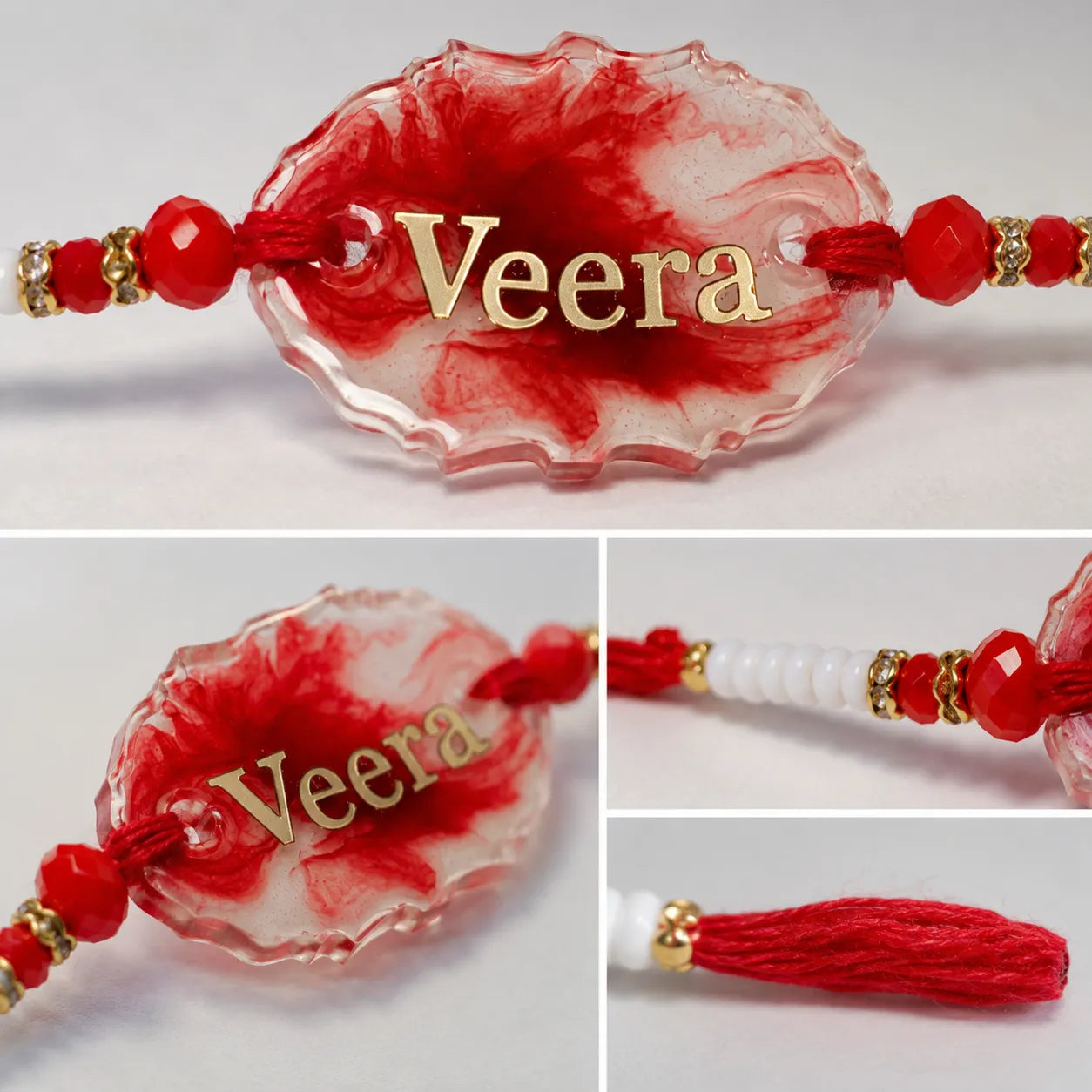 Red and white decorative item with 'Veera' text on a white background