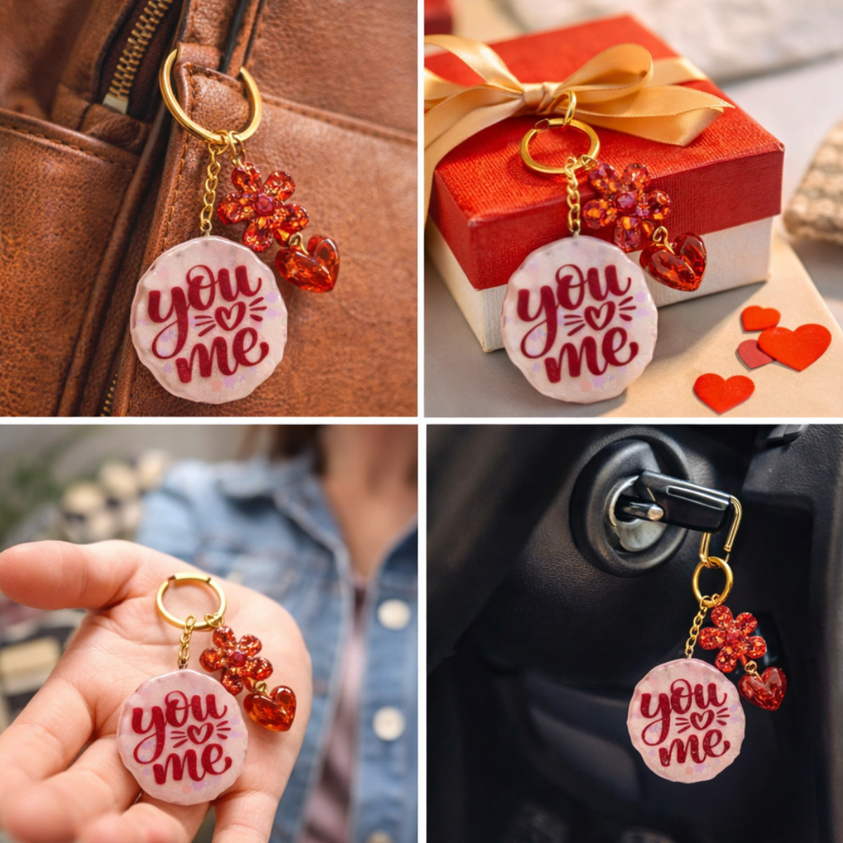 Collage of you and me resin keychain on bag and gift box and car key