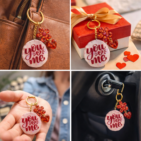 Collage of you and me resin keychain on bag and gift box and car key