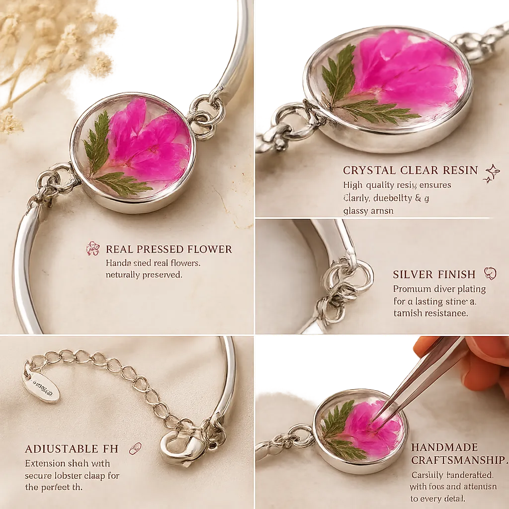 Silver bracelet with pink floral charm on a light background