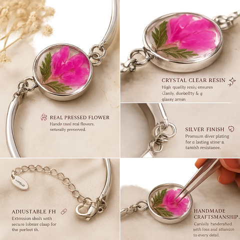 Silver bracelet with pink floral charm on a light background
