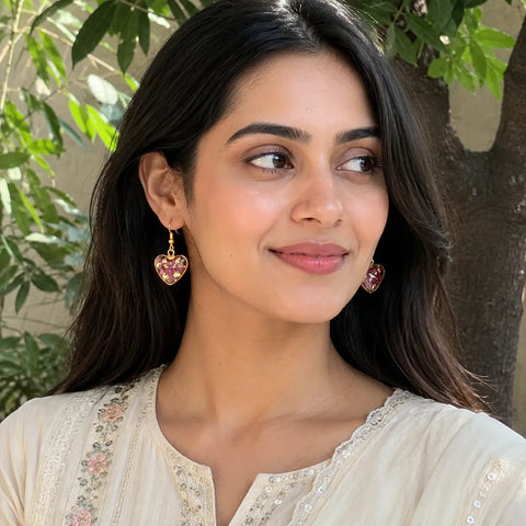 Indian woman wearing pink floral heart resin drop earrings with gold flakes and elegant gold border in natural daylight lifestyle look