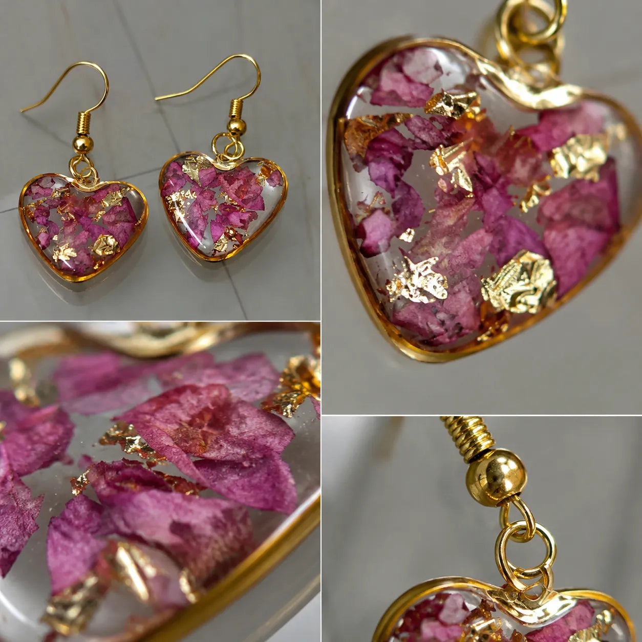 Collage showcasing pink floral heart resin drop earrings with close-up details of glossy resin finish, real dried flower petals, gold flakes, and premium gold hook craftsmanship
