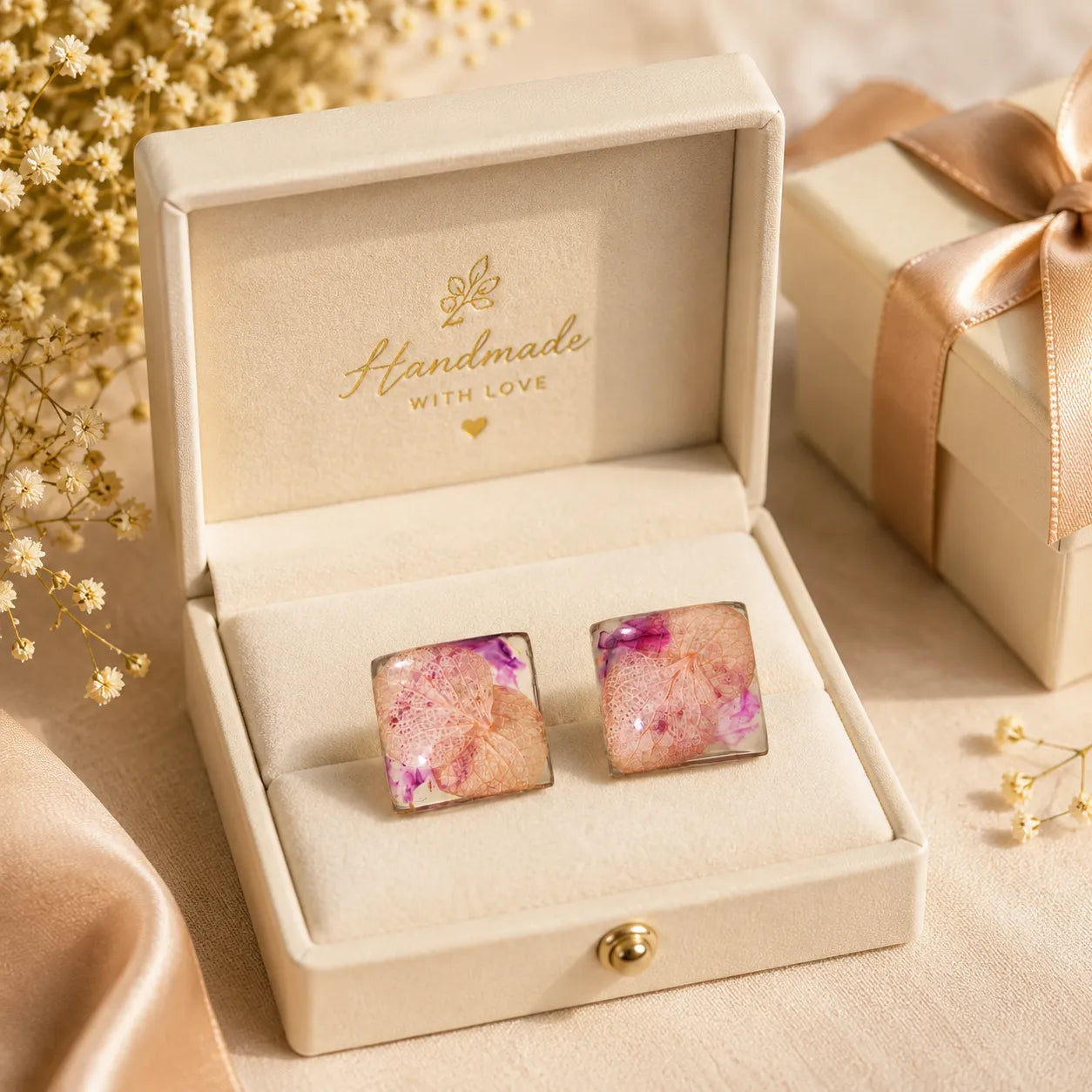 Pair of floral earrings in a 'Handmade with Love' box on a soft background