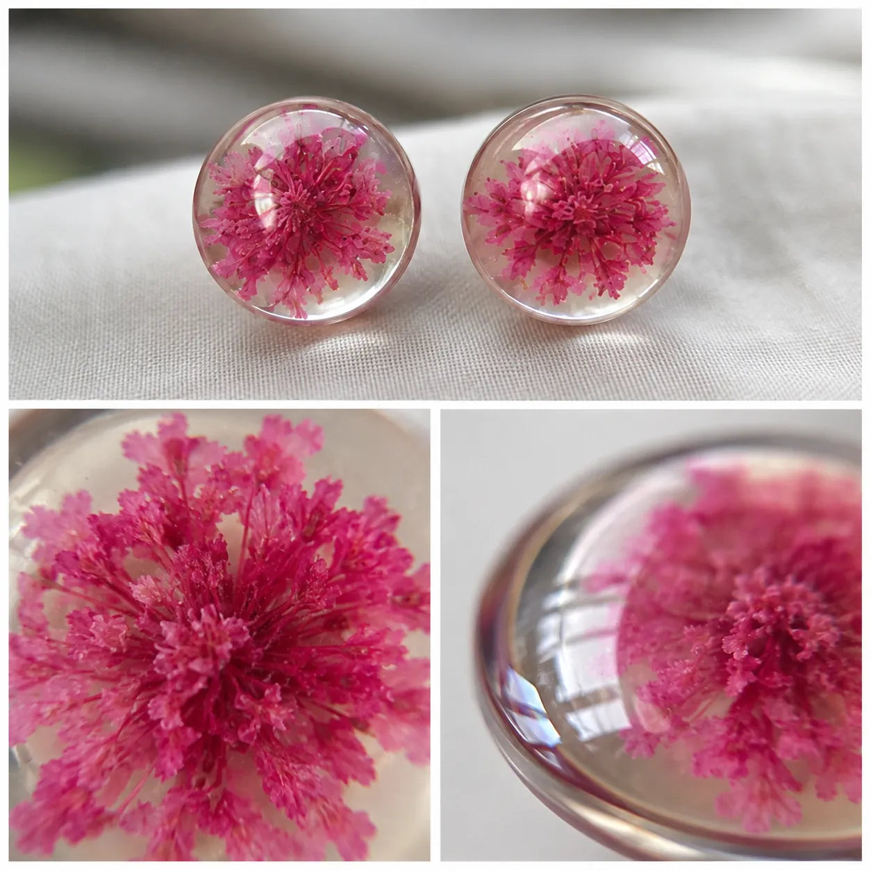 Handmade pink floral resin stud earrings collage showing glossy dome finish, real dried flower detailing, resin clarity, and macro close-up texture view.