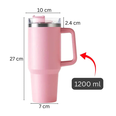 Dimensions chart of 1200ml pink travel tumbler showing height 27cm and base width 7