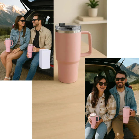Pink travel tumbler lifestyle collage showing couple using insulated mugs during car travel and outdoor trip