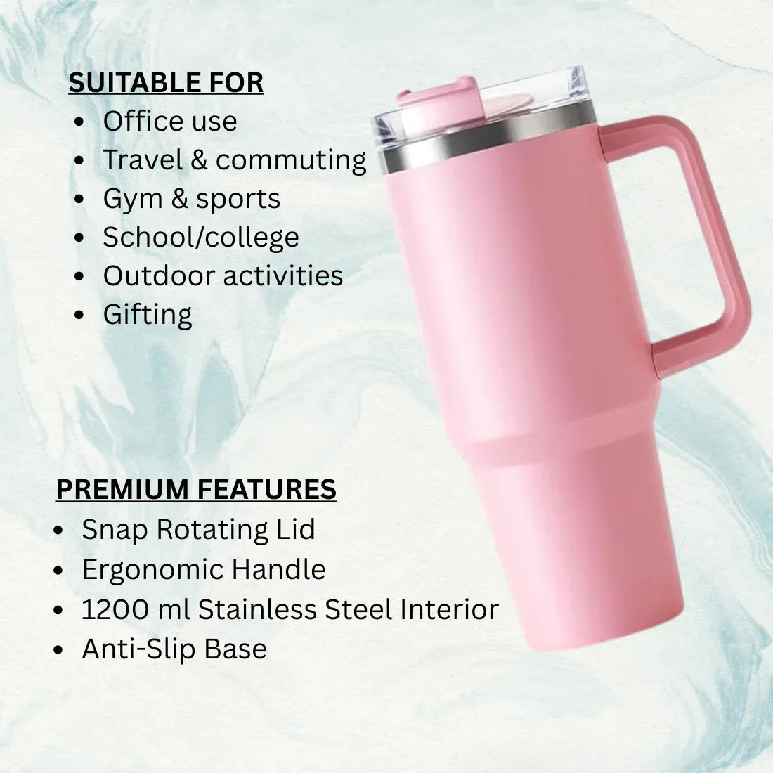 Infographic of pink travel tumbler showing features like 1200ml stainless steel interior and ergonomic handle