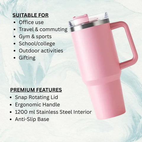 Infographic of pink travel tumbler showing features like 1200ml stainless steel interior and ergonomic handle