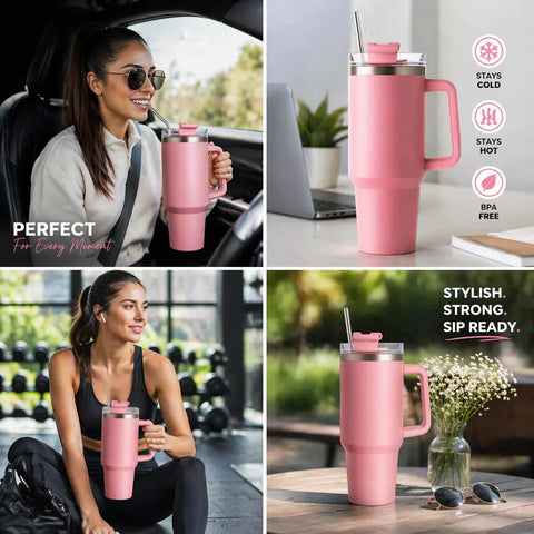 Collage of a pink insulated mug used in various settings with text highlighting features.