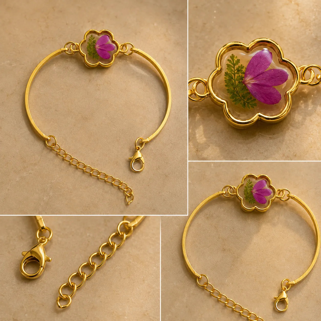 Gold bracelet with a floral clasp on a beige background
