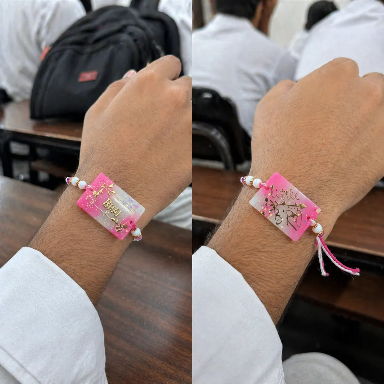 Close-up of a wrist wearing a pink and white Rakhi with decorative elements, set against a blurred classroom background.