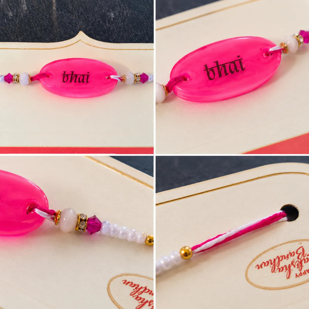 Collage of a pink rakhi with 'bhai' text on a card