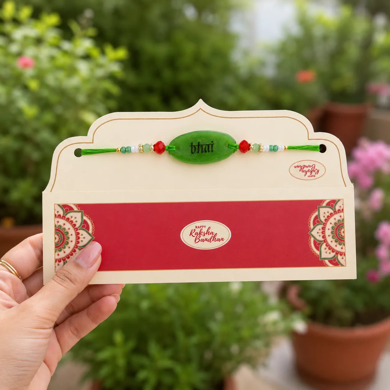 Rakhi with a card held by a hand against a blurred green outdoor background