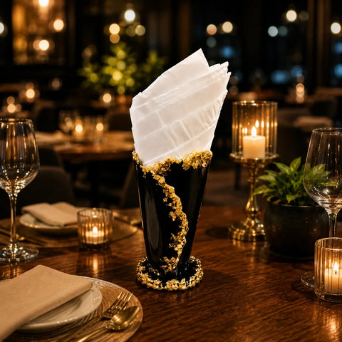 Decorative black vase with gold trim on a table in a restaurant setting