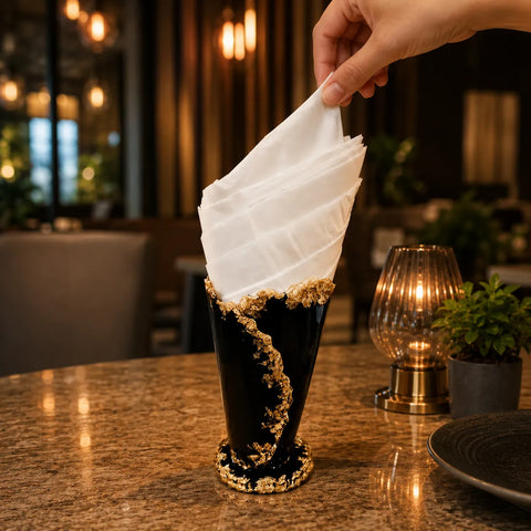 Decorative black vase with gold trim on a table, hand holding a white napkin.
