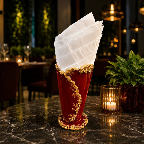 Decorative red glass with gold rim on a marble table in a restaurant setting
