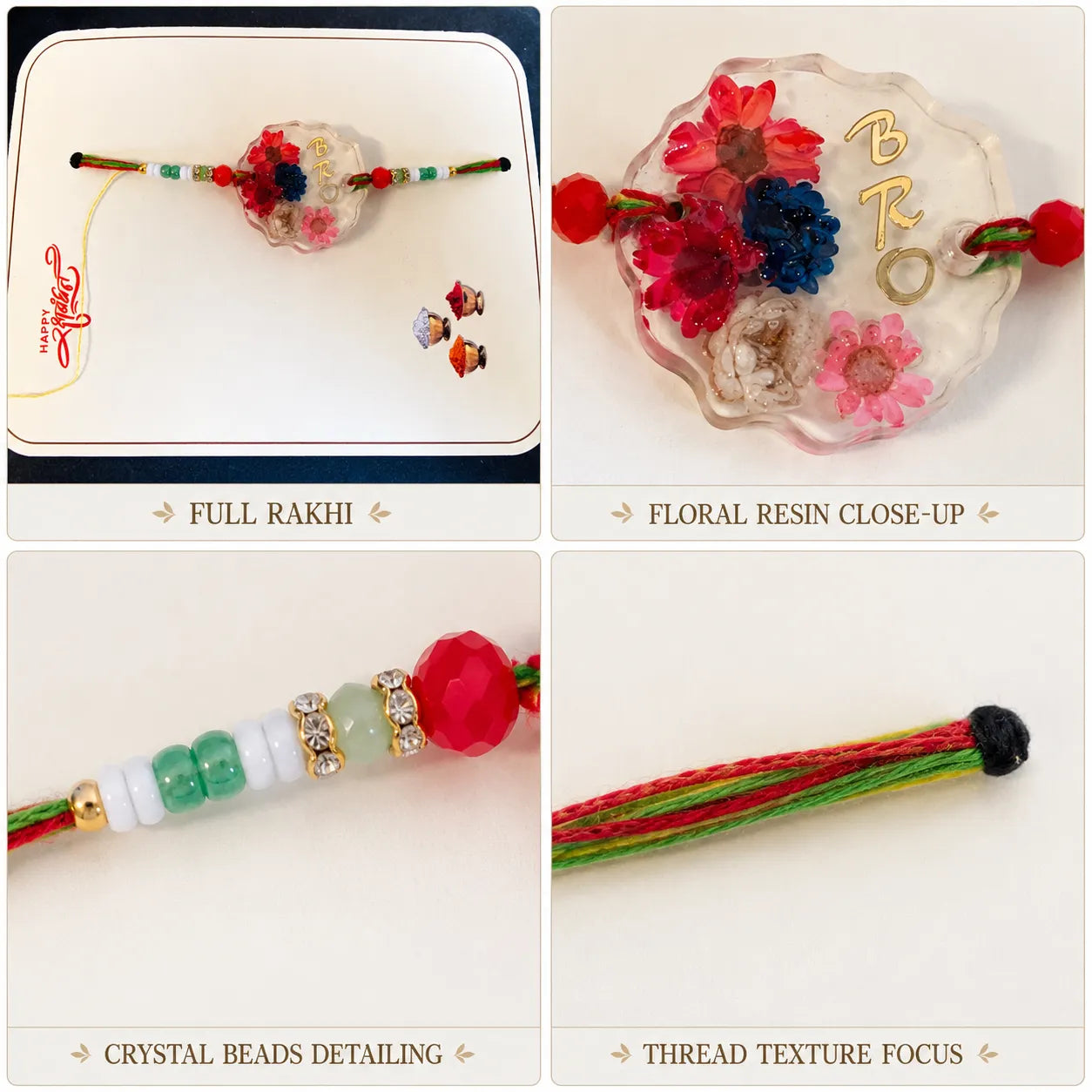Collage of a Rakhi with floral resin close-up, crystal beads detailing, and thread texture focus.