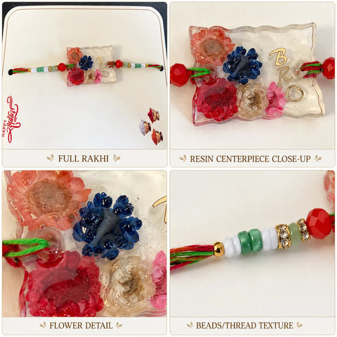 Collage of a decorative Rakhi with floral details and beads on a white background.