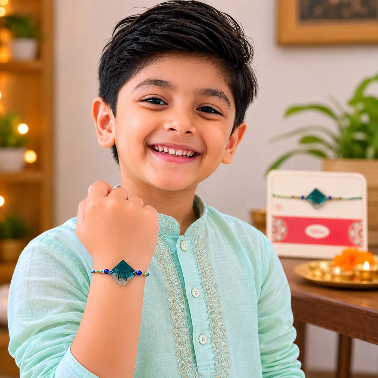 Child wearing a light blue kurta with a Rakhi on wrist, sitting indoors.