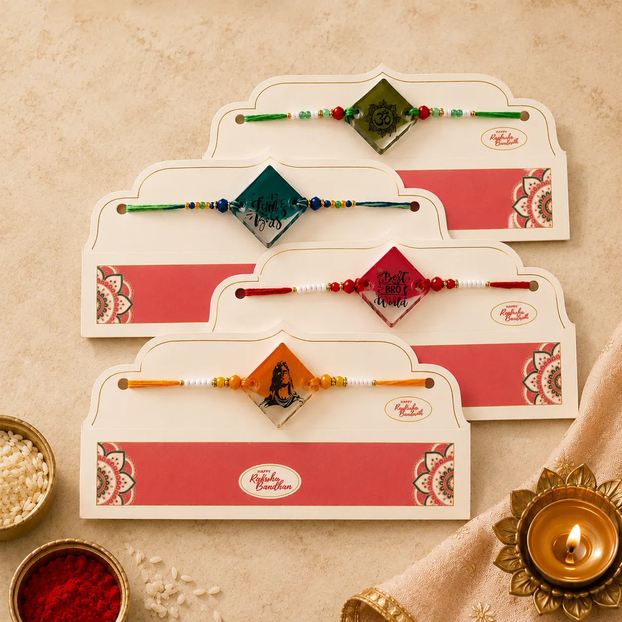 Premium designer handmade resin rakhi set for brothers with glossy finish, decorative beads, and festive Raksha Bandhan styling