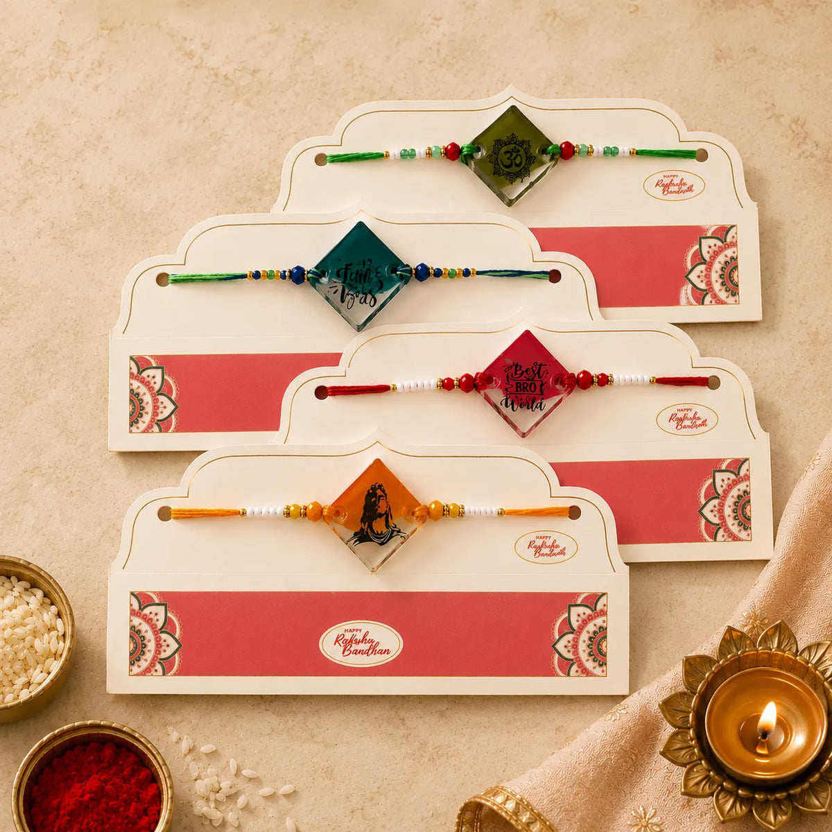 Premium designer handmade resin rakhi set for brothers with glossy finish, decorative beads, and festive Raksha Bandhan styling
