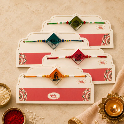 Premium designer handmade resin rakhi set for brothers with glossy finish, decorative beads, and festive Raksha Bandhan styling