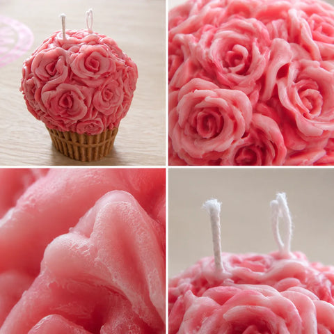 Collage of a pink rose-patterned candle shaped like a cupcake with close-up details.