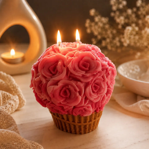 Pink rose-shaped candle in a cupcake holder with a blurred background