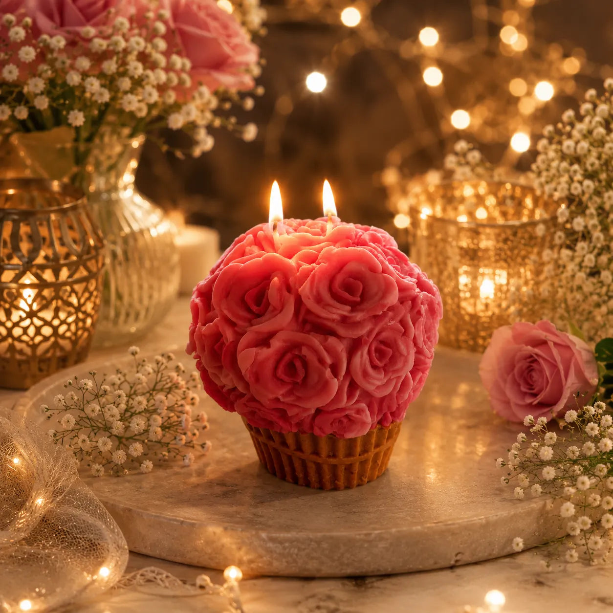 Pink rose-shaped candle on a wooden stand with decorative lights and flowers in the background