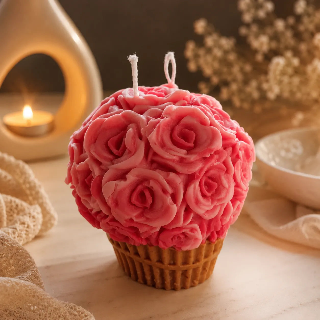 Pink rose-patterned candle shaped like a cupcake on a wooden surface with a blurred background.
