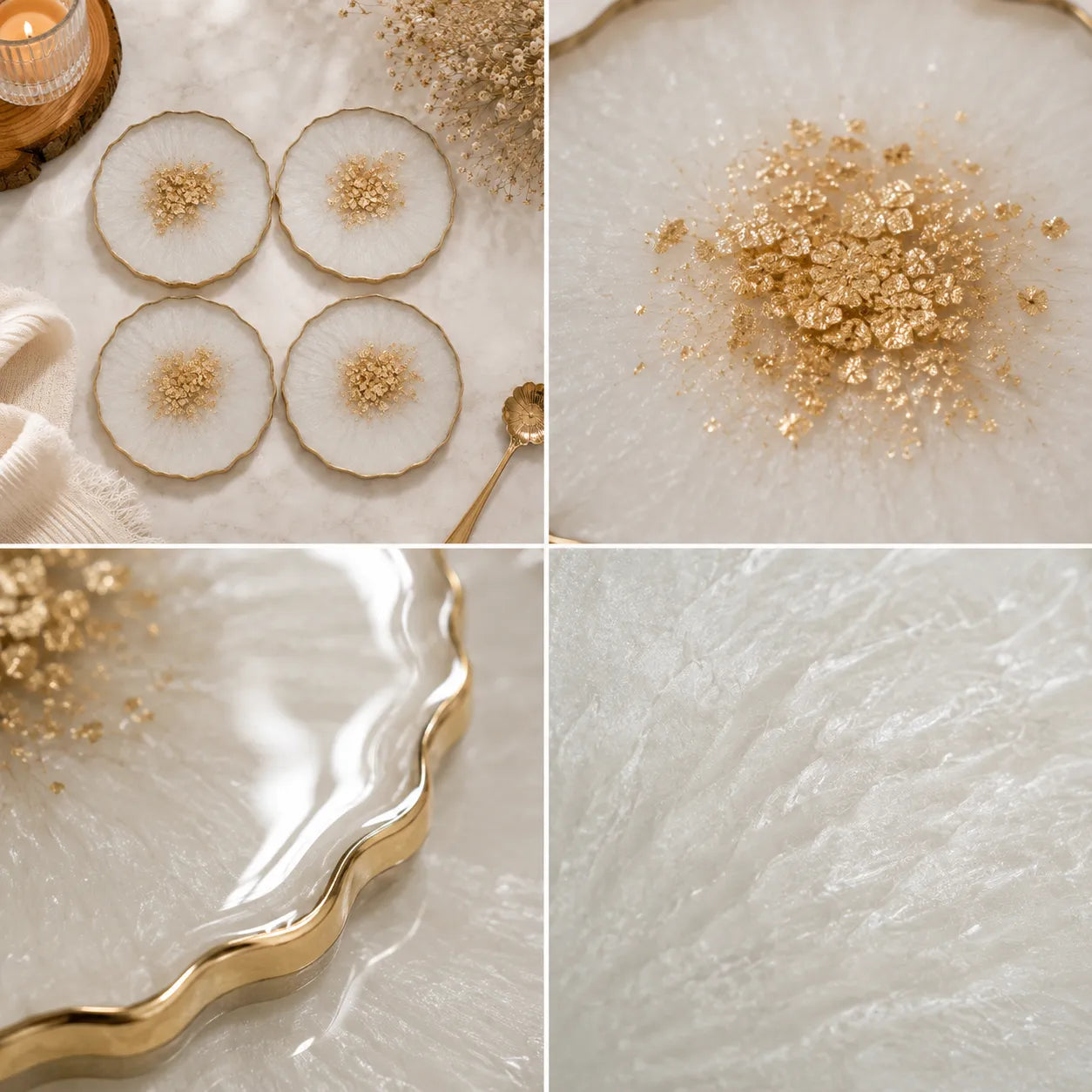 Collage of gold and white elements including sliced coconuts, gold glitter, and a textured white surface.