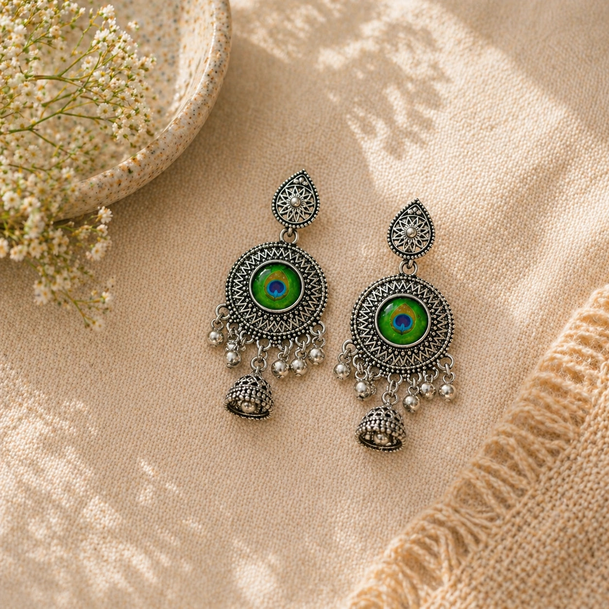 Ornate earrings with green gemstones on a beige surface with flowers.