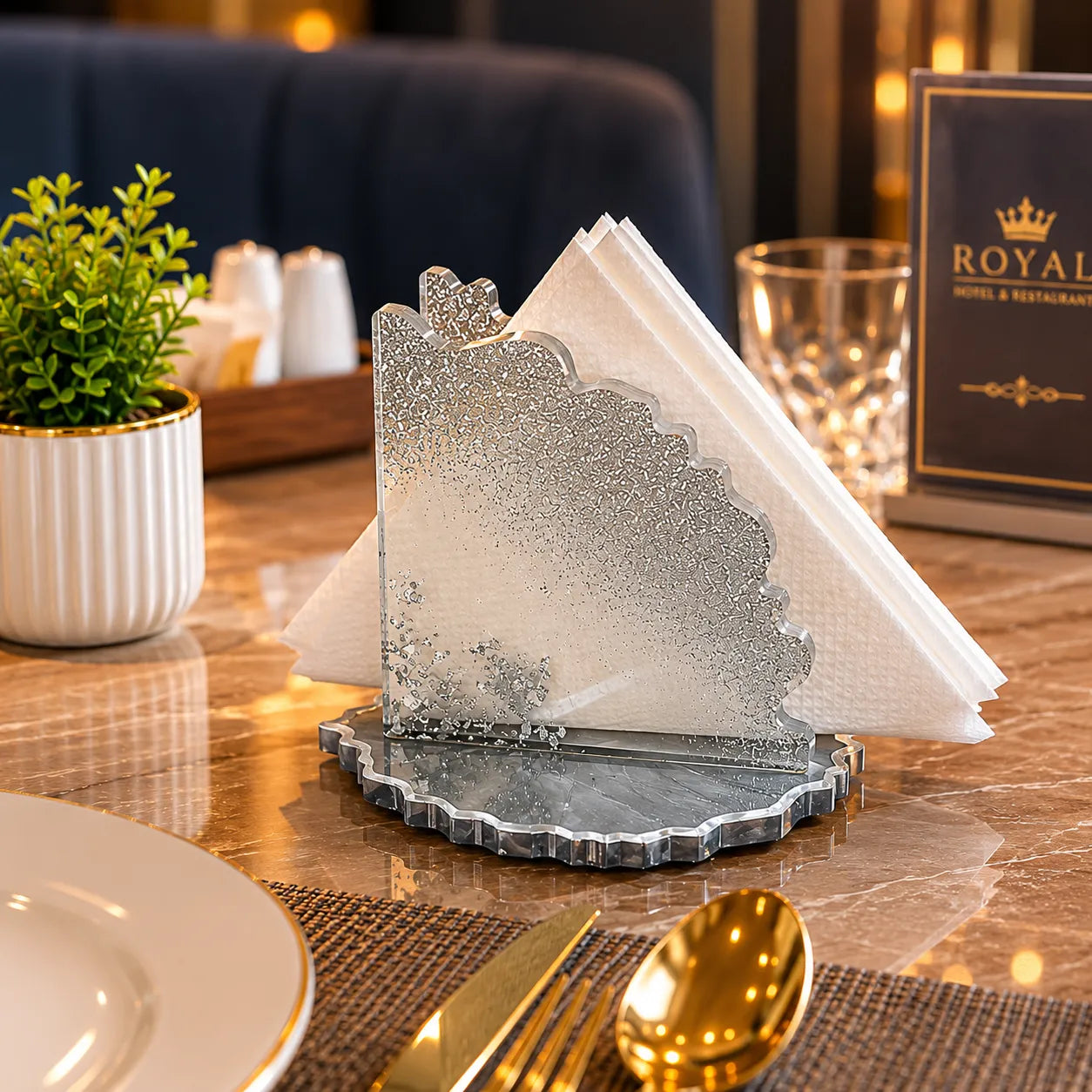 Decorative silver napkin holder on a table with cutlery and a plant.