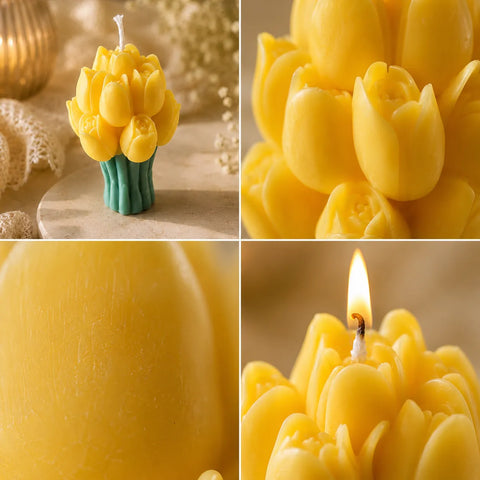 Collage of four images featuring a yellow tulip-shaped candle with a green base, close-up of the candle, lit candle, and another close-up.