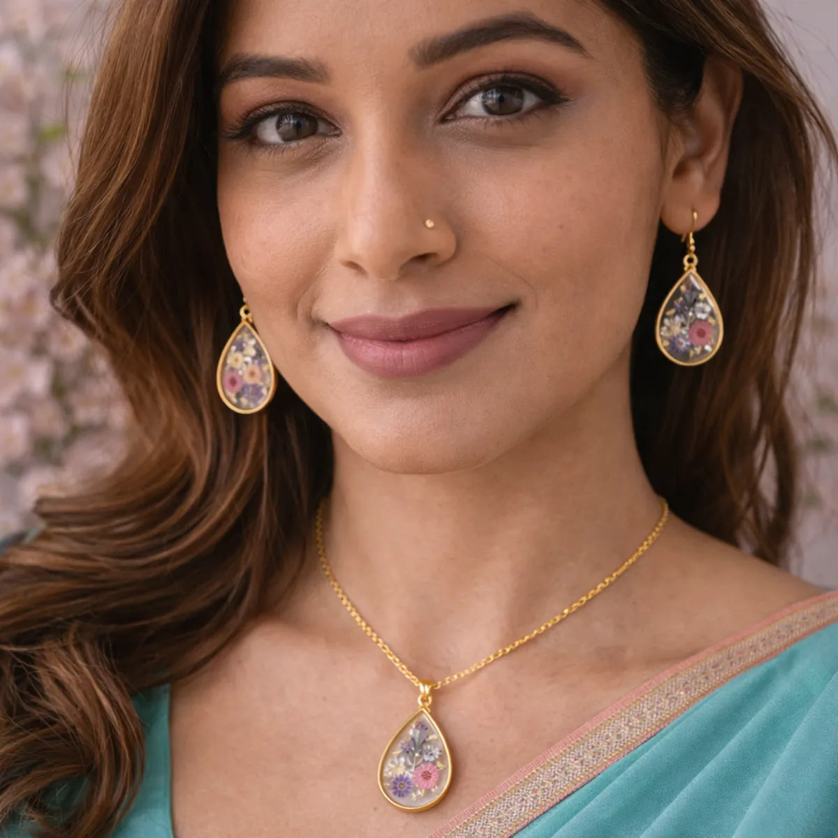 Woman wearing gold jewelry with floral accents against a blurred natural background