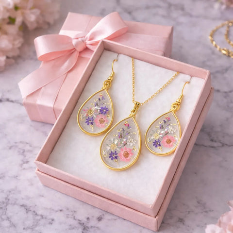 Gold jewelry set with floral designs in a pink box on a marble surface