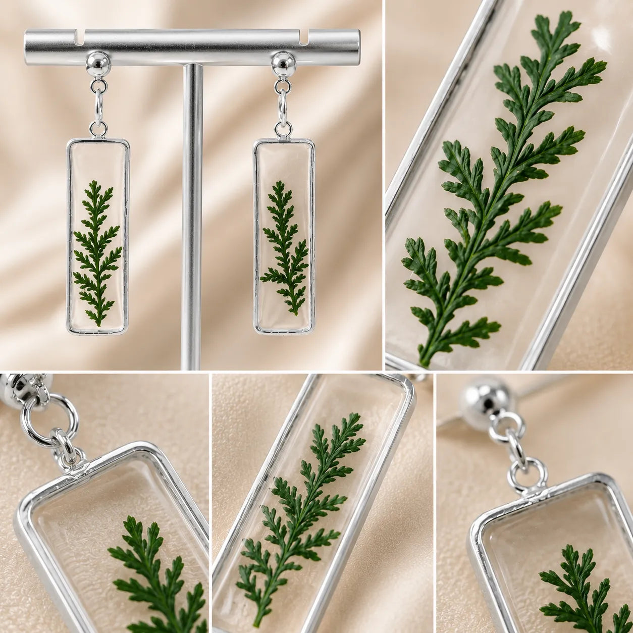 Close-up collage of pressed leaf resin rectangle earrings with transparent finish and elegant silver border detailing for women