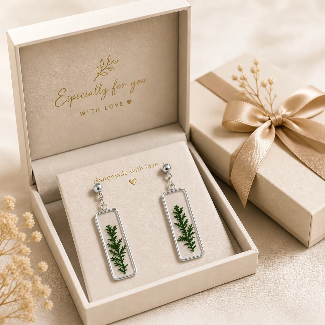 Pair of earrings with green leaf design in a decorative box with 'Especially for you with love' text.