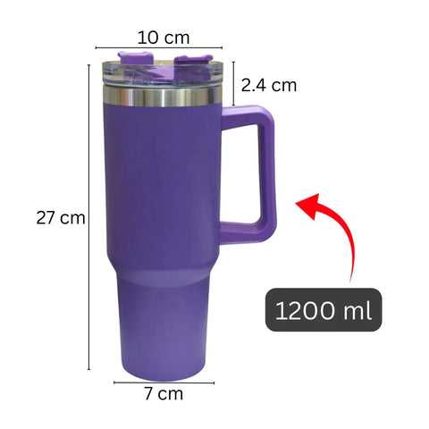 Purple travel mug with measurements on a white background