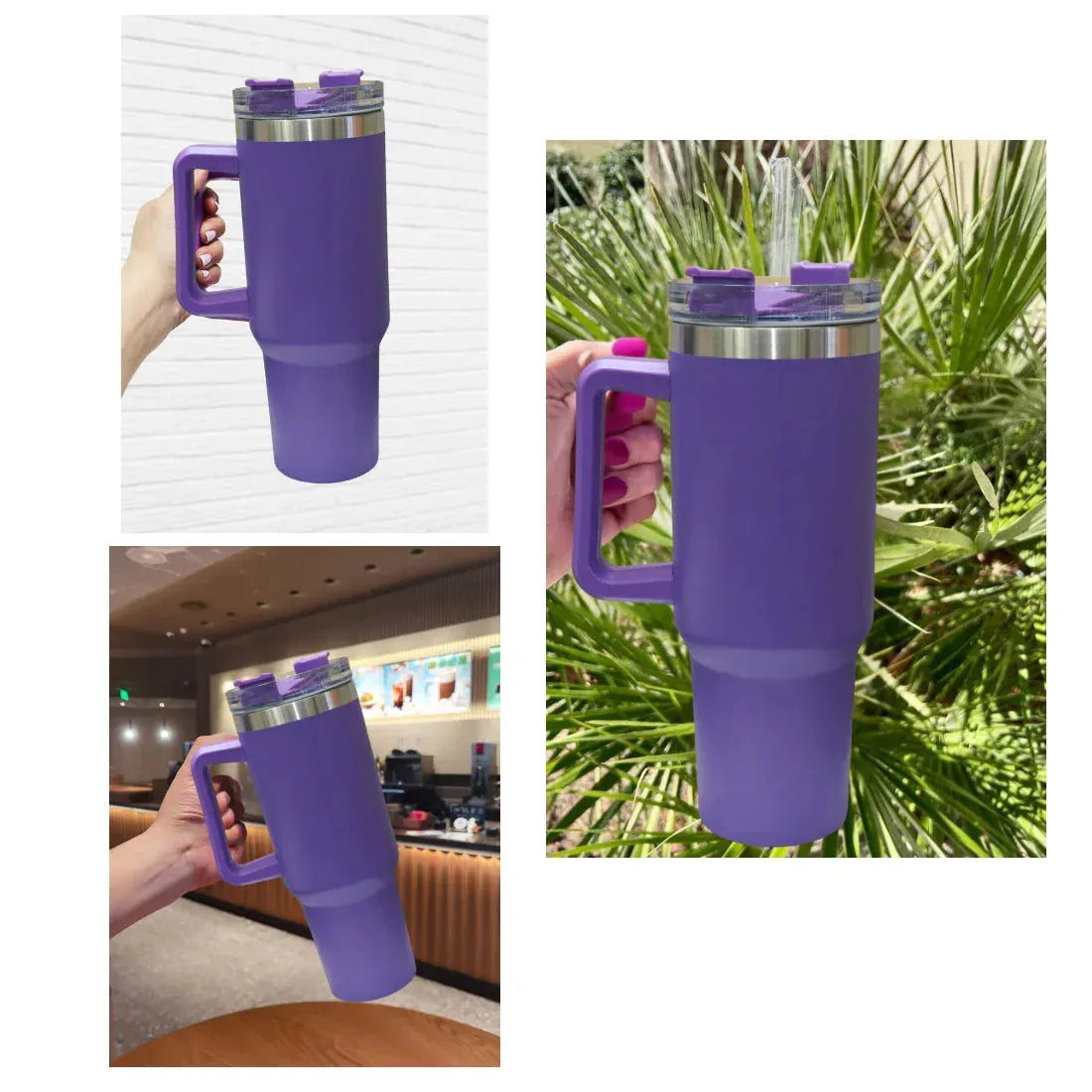 Collage of a purple travel mug with handle and straw lid held by a hand in different settings.