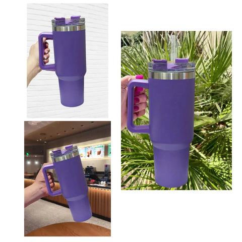 Collage of a purple travel mug with handle and straw lid held by a hand in different settings.