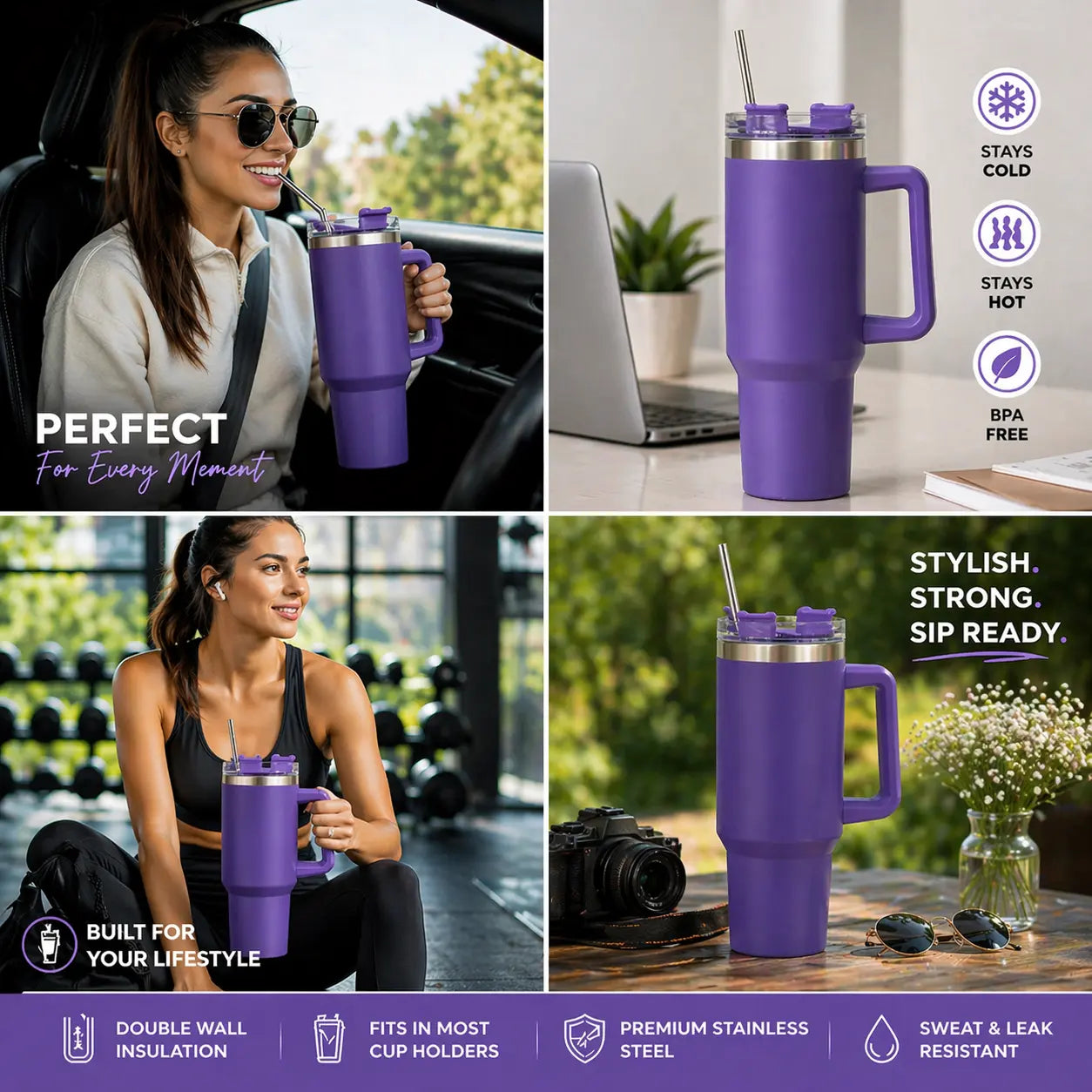Purple insulated mug with handle and straw lid, shown in various settings.