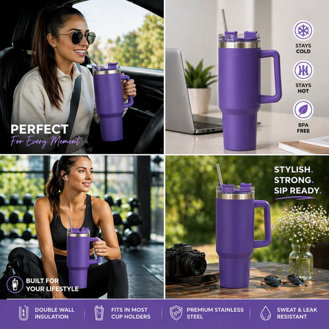 Purple insulated mug with handle and straw lid, shown in various settings.