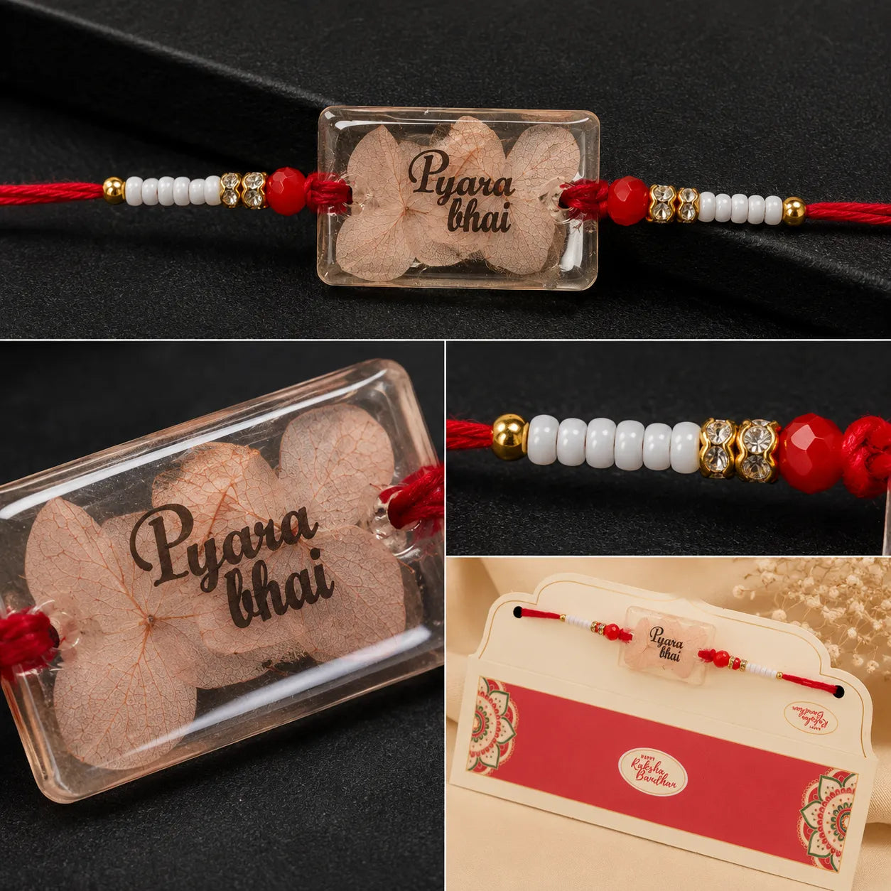 Collage of a decorative bracelet with 'Pyara Bhai' text and heart-shaped stones on a dark background.