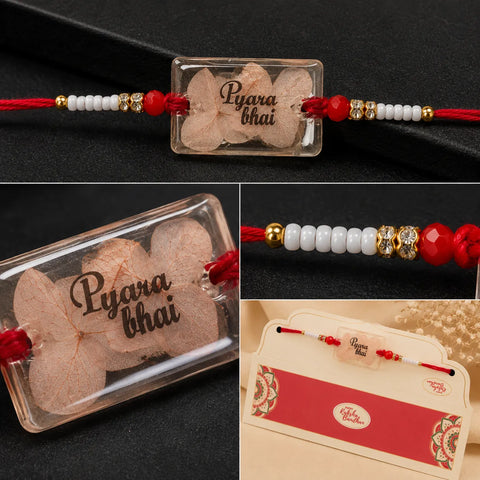 Collage of a decorative bracelet with 'Pyara Bhai' text and heart-shaped stones on a dark background.